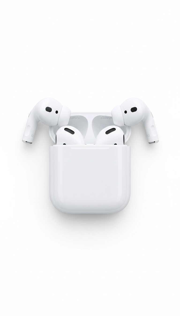 Example product: Wireless earbuds in white, shown in an open charging case against a plain white background.