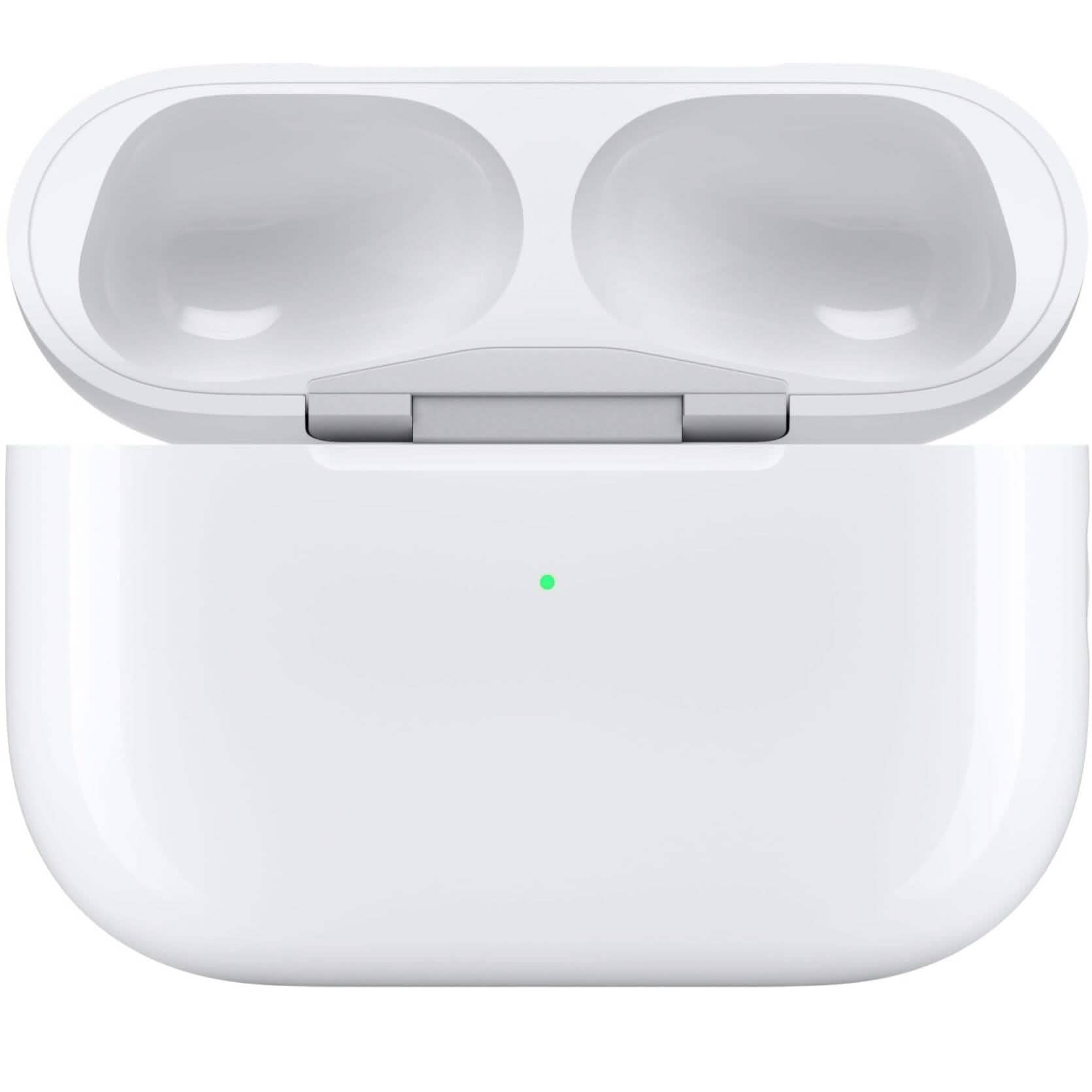 An open, empty charging case for Apple AirPods Pro (1st Gen) Refurbished features two compartments and a front green LED light.