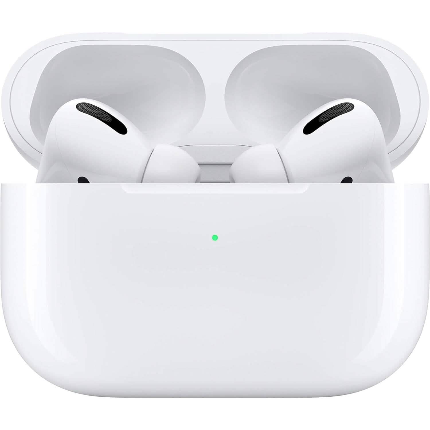 A pair of refurbished Apple AirPods Pro (1st Gen) in white with black accents rests inside an open charging case featuring a green indicator—ideal as genuine replacements for your left, right, or charging case.