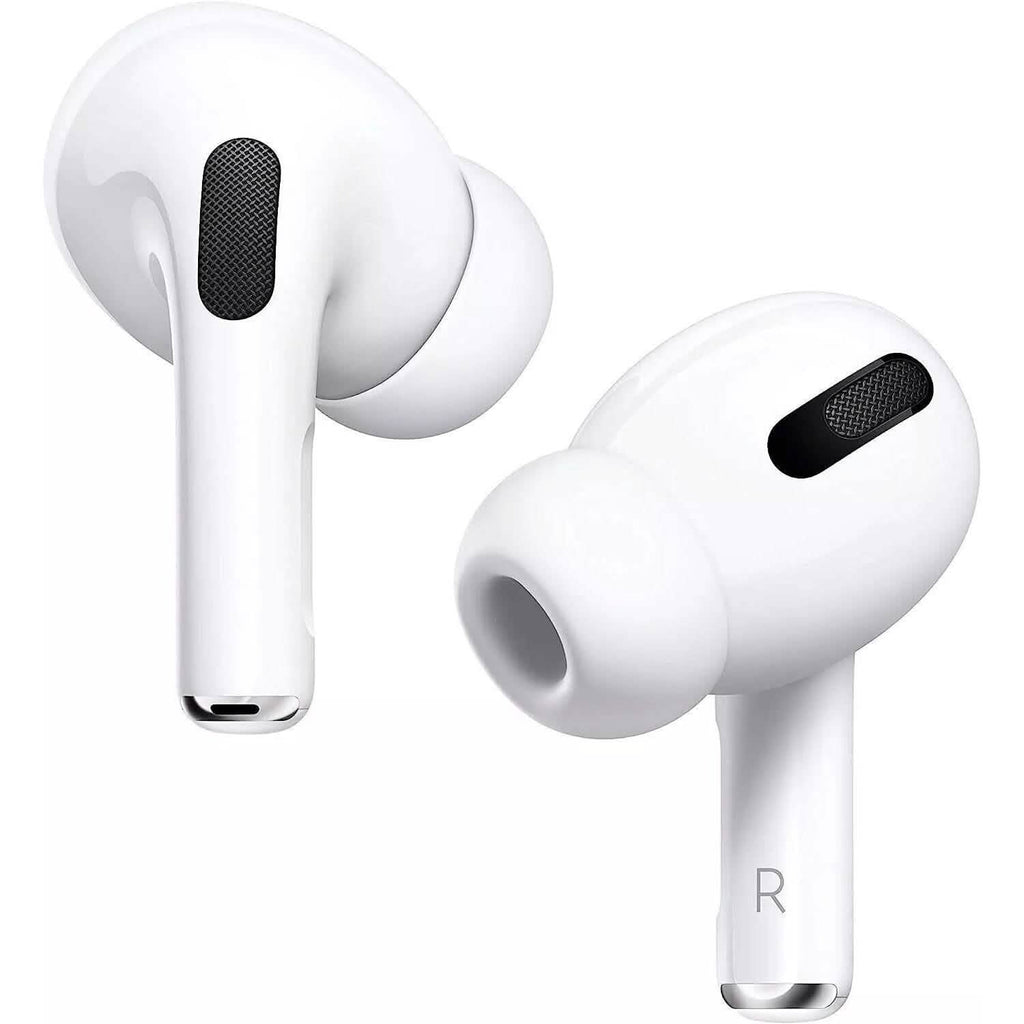 A pair of Apple AirPods Pro (1st Gen) Refurbished—right, left, or charging case—featuring white wireless earbuds with silicone tips and black mesh accents, shown from multiple angles on a plain white background.