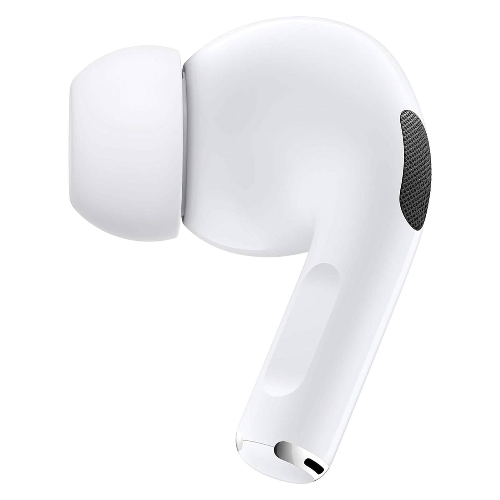 Close-up of a single, refurbished Apple AirPods Pro (1st Gen) earbud featuring a silicone ear tip, oval speaker mesh, and sleek ergonomic design—available as right, left, or charging case.