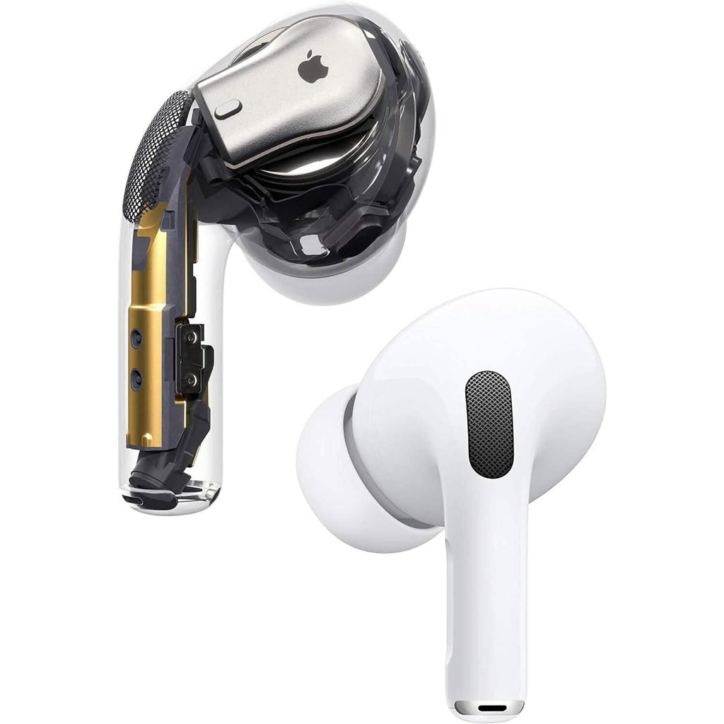 A pair of refurbished Apple AirPods Pro (1st Gen) is displayed: one fully assembled in white, the other cut open to reveal authentic Apple components and detailed internal circuitry.