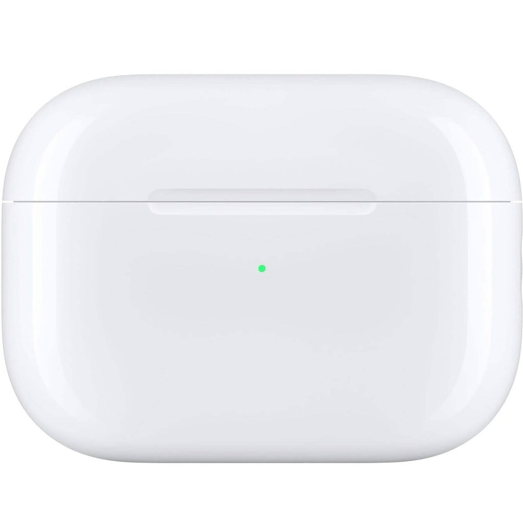 A refurbished Apple AirPods Pro (1st Gen) charging case in white, featuring a small green LED on the front—perfect as a replacement for your original right, left earbud, or case.