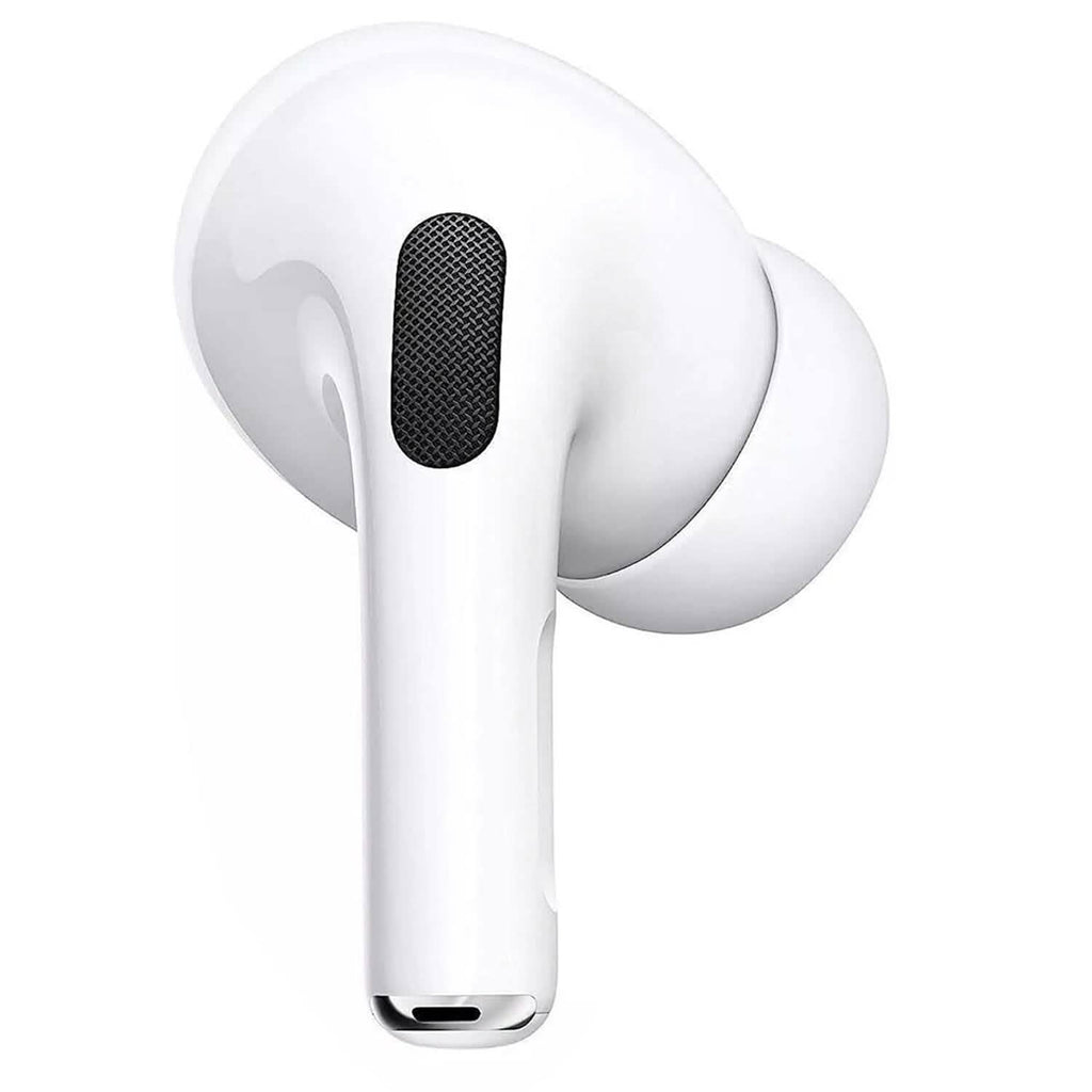 A close-up of a refurbished Apple AirPods Pro (1st Gen) earbud—right or left—with a silicone ear tip, black speaker mesh, and glossy white finish.