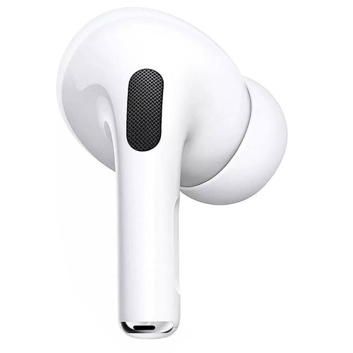 A close-up of a refurbished Apple AirPods Pro (1st Gen) earbud—right or left—with a silicone ear tip, black speaker mesh, and glossy white finish.