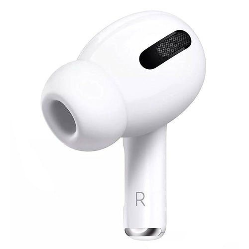 A close-up of a single refurbished Apple AirPods Pro (1st Gen) earbud for the right ear, featuring a silicone tip and an "R" mark at the base.