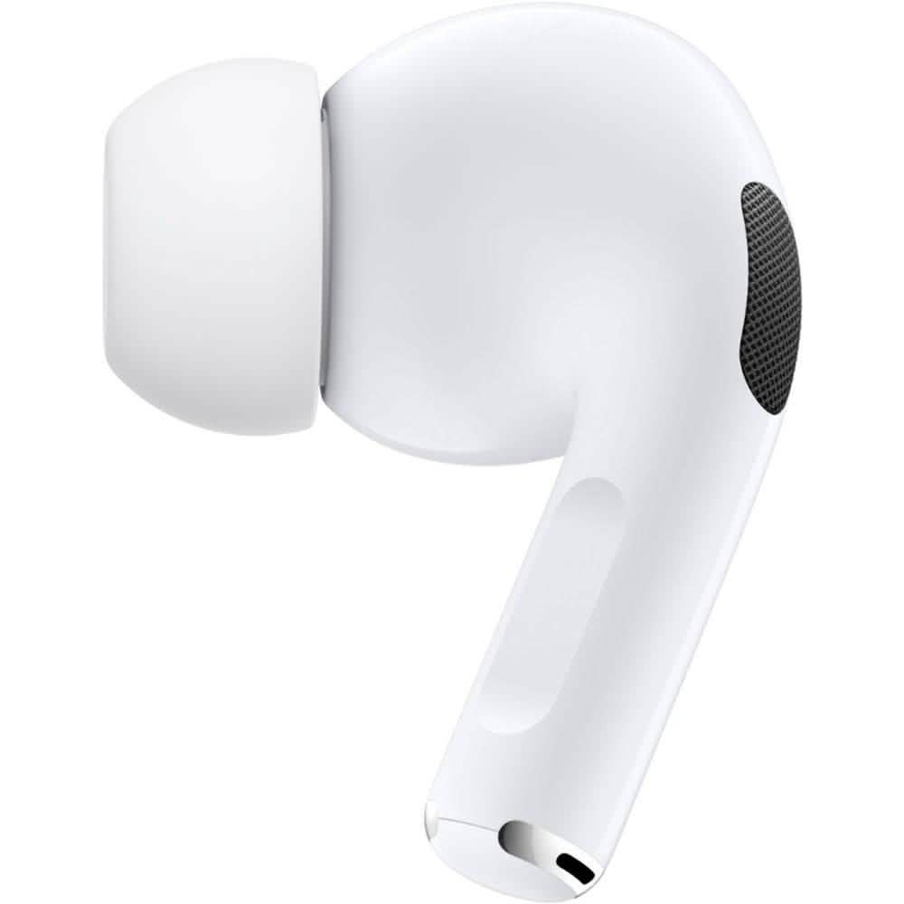 Close-up side view of a single Apple AirPods Pro with Wireless Charging Case earbud, featuring a silicone ear tip, black mesh speaker, and a slim curved design.