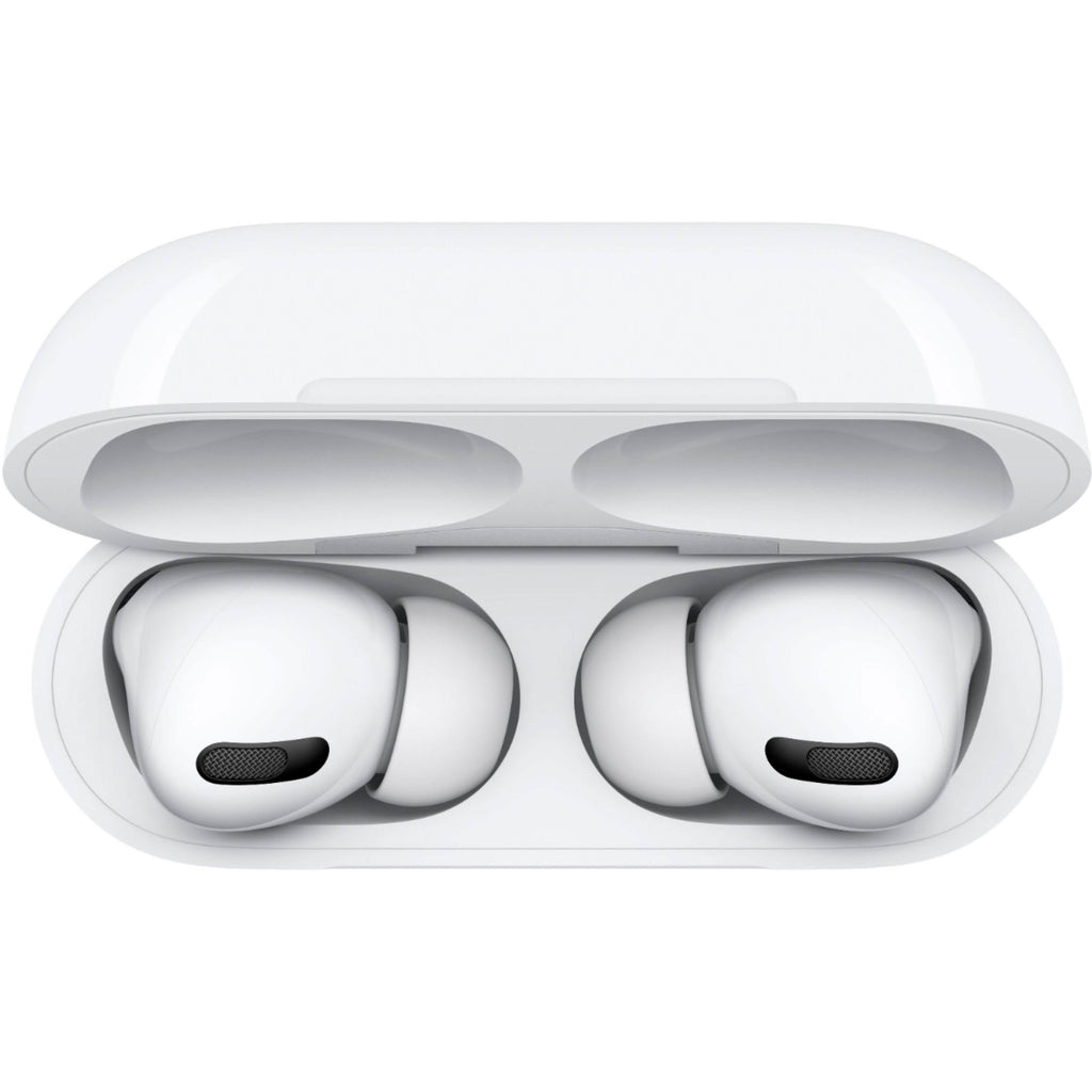 A pair of Apple AirPods Pro with Wireless Charging Case, featuring Active Noise Cancellation, are seen resting inside the open case from a top view.
