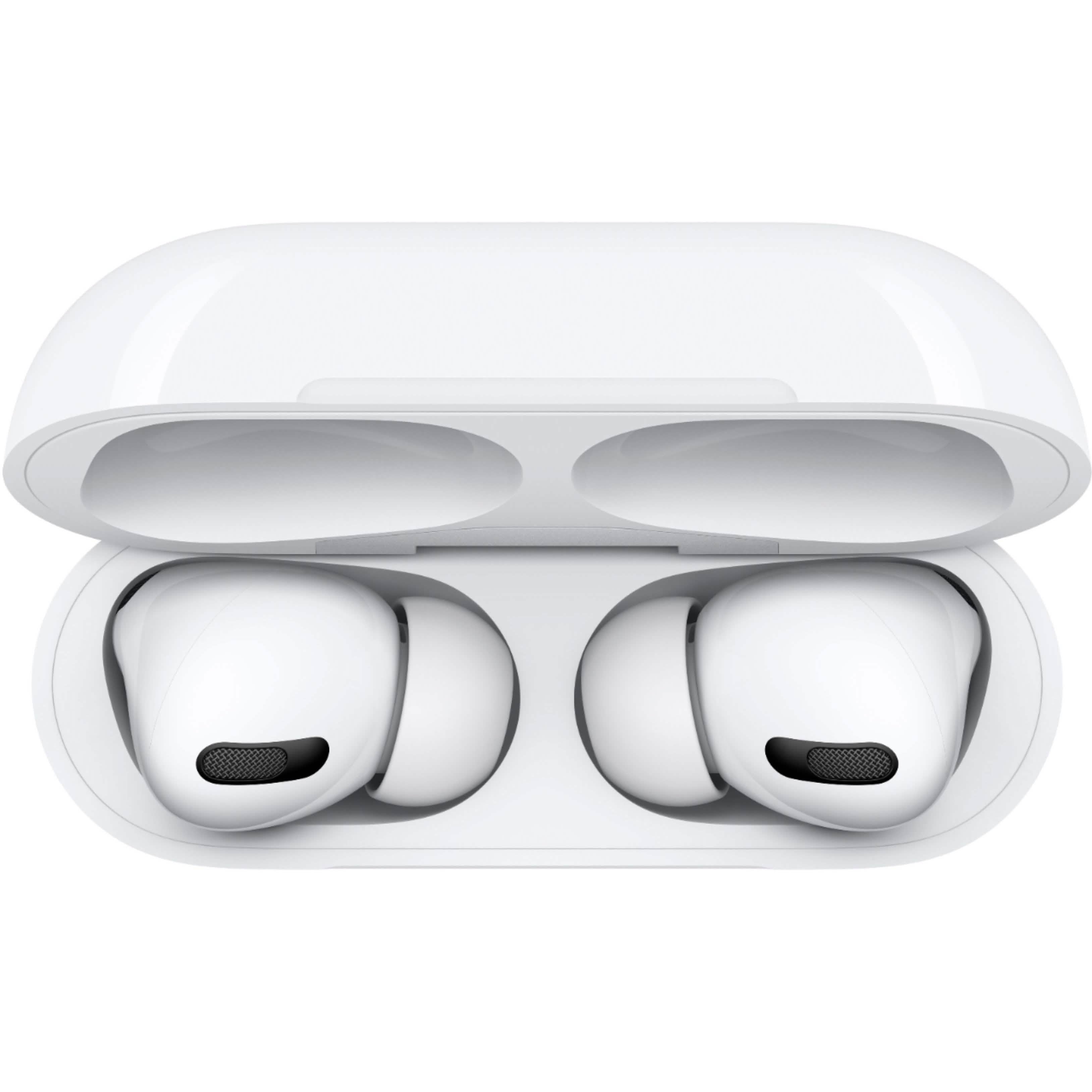 A pair of Apple AirPods Pro with Wireless Charging Case, featuring Active Noise Cancellation, are seen resting inside the open case from a top view.