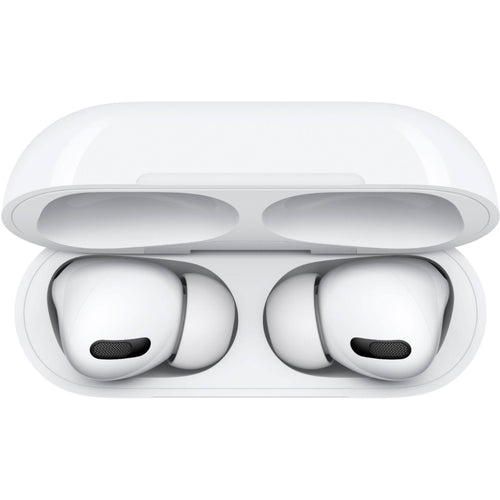 A pair of Apple AirPods Pro with Wireless Charging Case, featuring Active Noise Cancellation, are seen resting inside the open case from a top view.