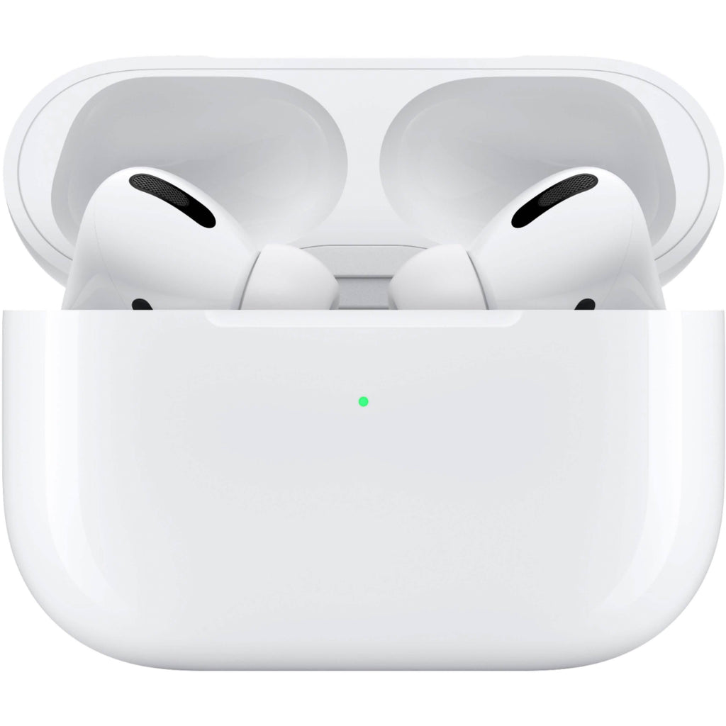 A close-up of Apple AirPods Pro with Wireless Charging Case, shown with black accents and a small green LED on the front, offering Active Noise Cancellation for immersive listening.