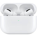 A close-up of Apple AirPods Pro with Wireless Charging Case, shown with black accents and a small green LED on the front, offering Active Noise Cancellation for immersive listening.