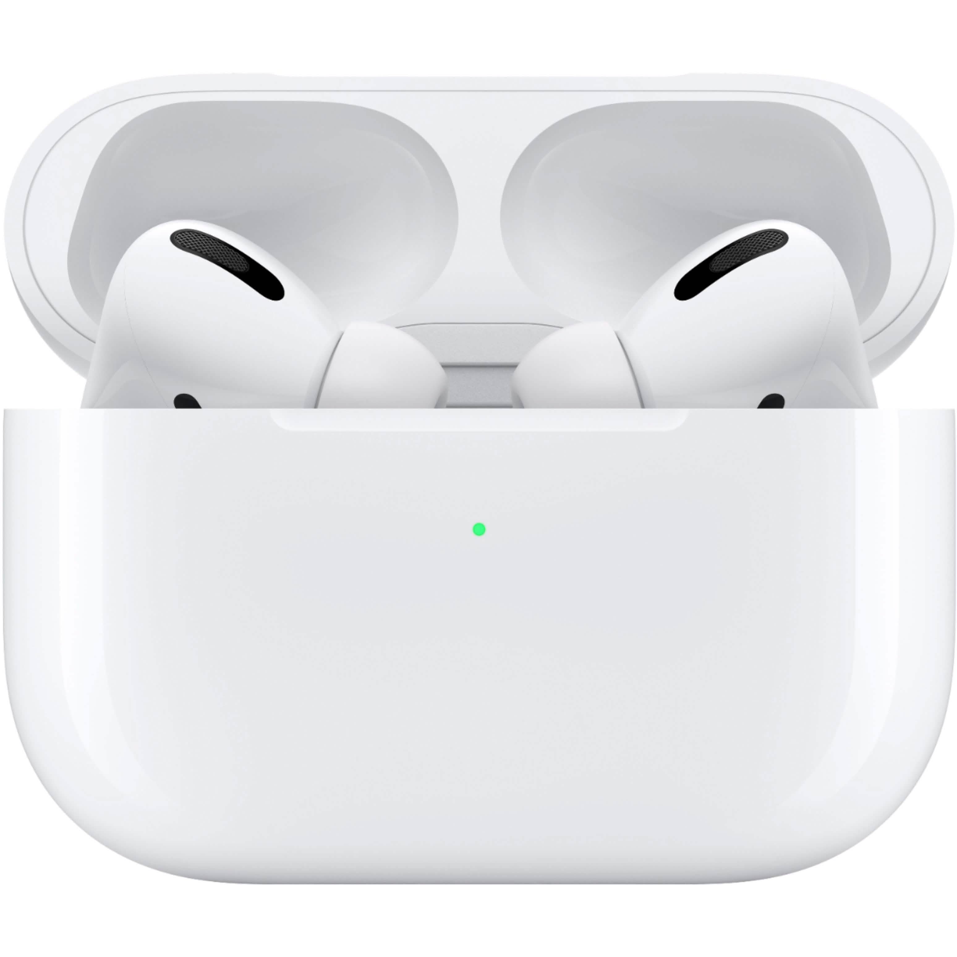 A close-up of Apple AirPods Pro with Wireless Charging Case, shown with black accents and a small green LED on the front, offering Active Noise Cancellation for immersive listening.