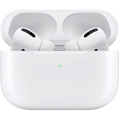 A close-up of Apple AirPods Pro with Wireless Charging Case, shown with black accents and a small green LED on the front, offering Active Noise Cancellation for immersive listening.