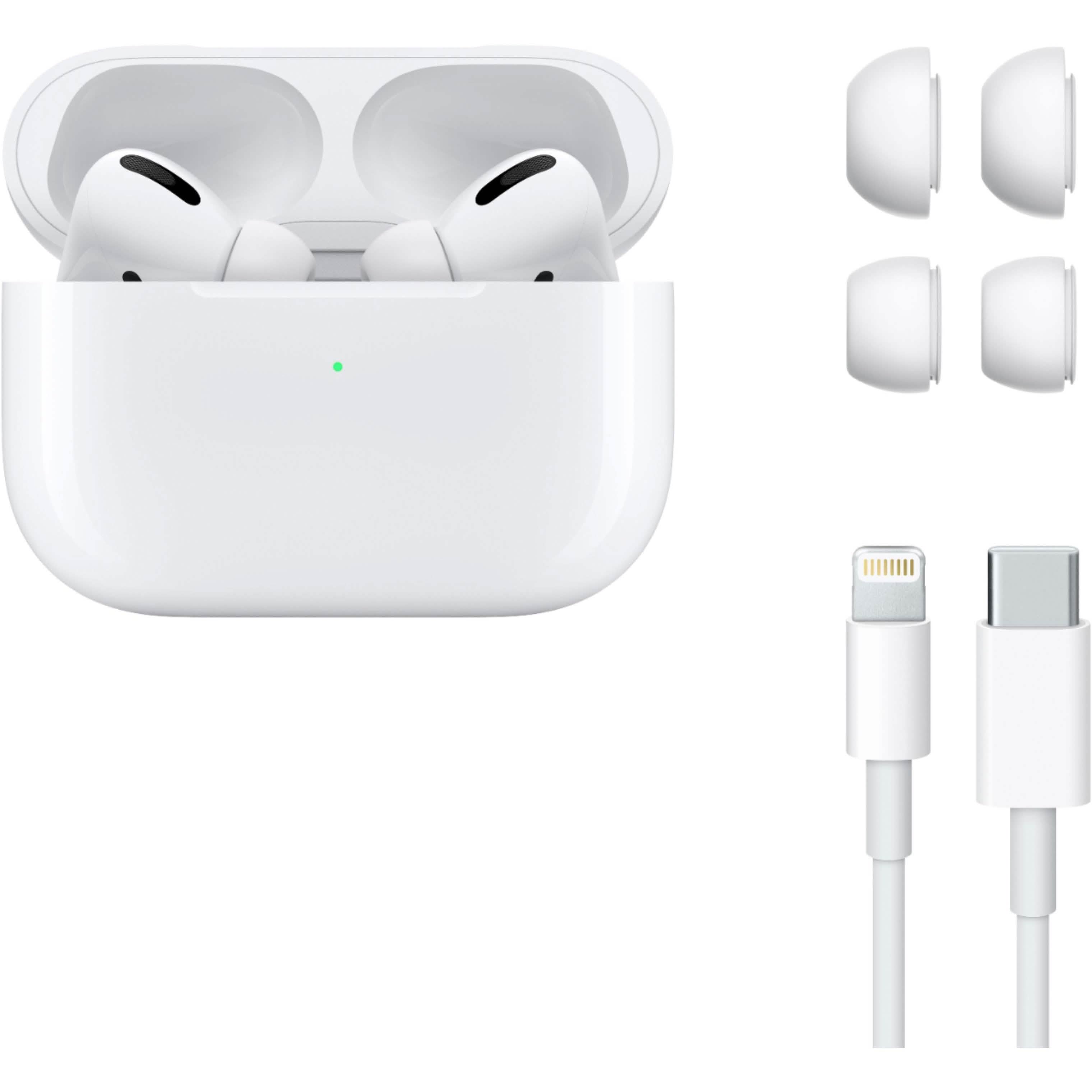 Apple AirPods Pro with Wireless Charging Case are shown on a white background with four extra ear tips and a USB-C to Lightning cable, featuring a sleek design and active noise cancellation.