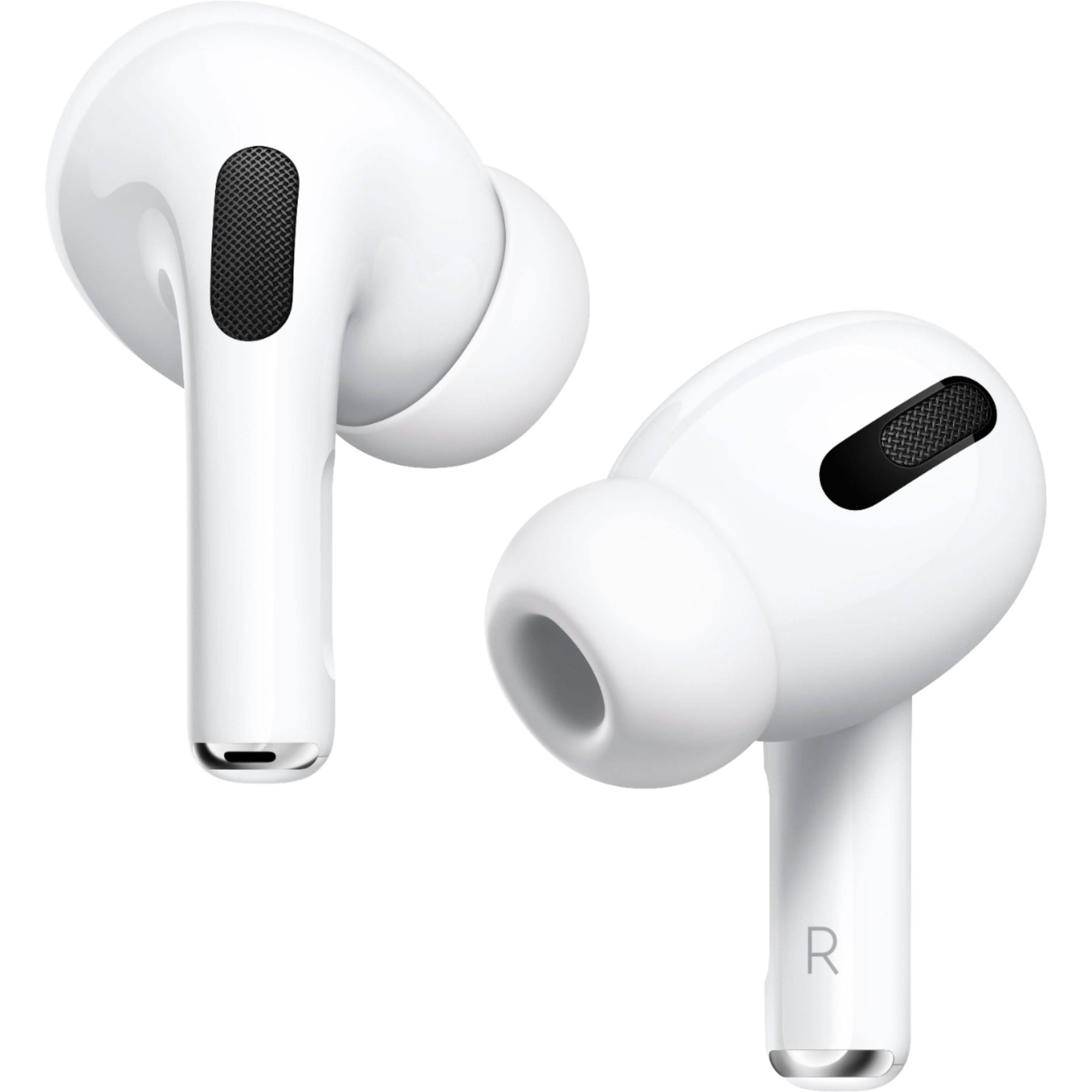 A pair of Apple AirPods Pro with Wireless Charging Case, white earbuds with black speaker grilles and silicone tips, featuring Active Noise Cancellation, displayed against a plain background.