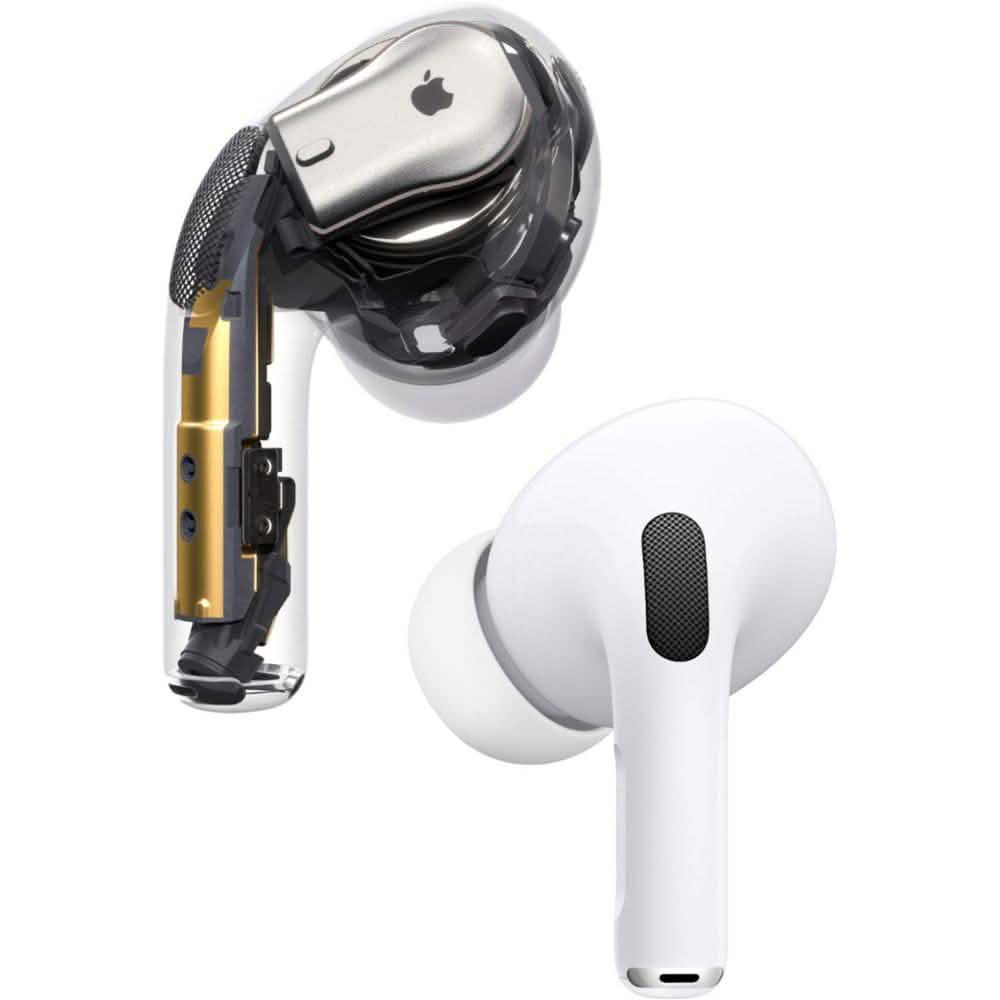 Two Apple AirPods Pro with Wireless Charging Case are shown: one displays its white exterior, while the other is cut away to reveal internal components, circuitry, and Active Noise Cancellation technology.