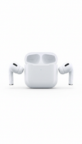 The Example product, a pair of white wireless earbuds with black accents, is shown next to an open white charging case on a plain white background.