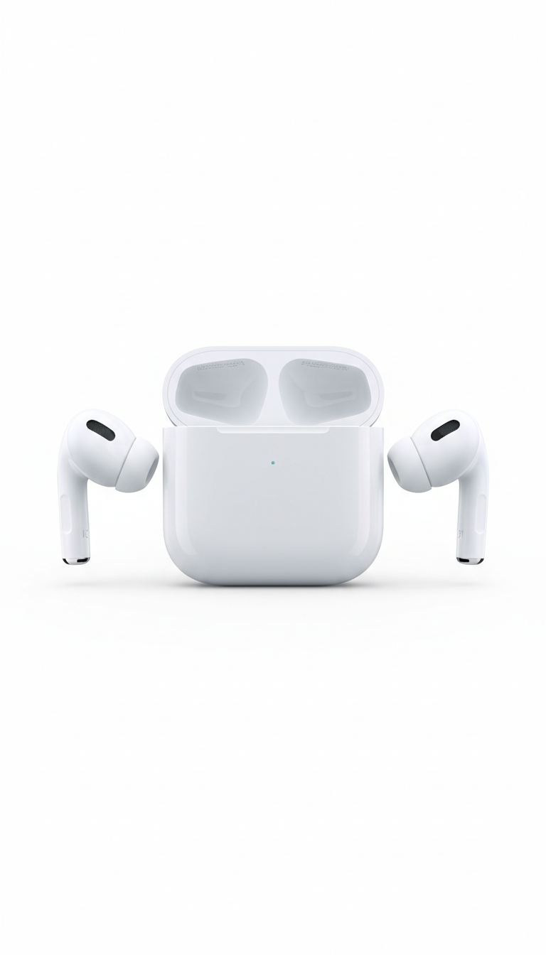 The Example product, a pair of white wireless earbuds with black accents, is shown next to an open white charging case on a plain white background.