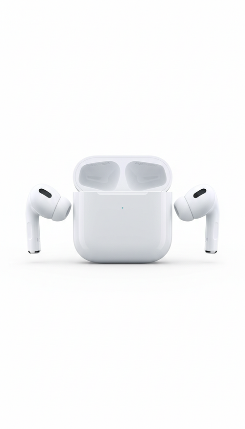 The Example product, a pair of white wireless earbuds with black accents, is shown next to an open white charging case on a plain white background.