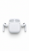 A pair of Example product white wireless earbuds with black accents sit on either side of an open charging case, all displayed against a plain white background.