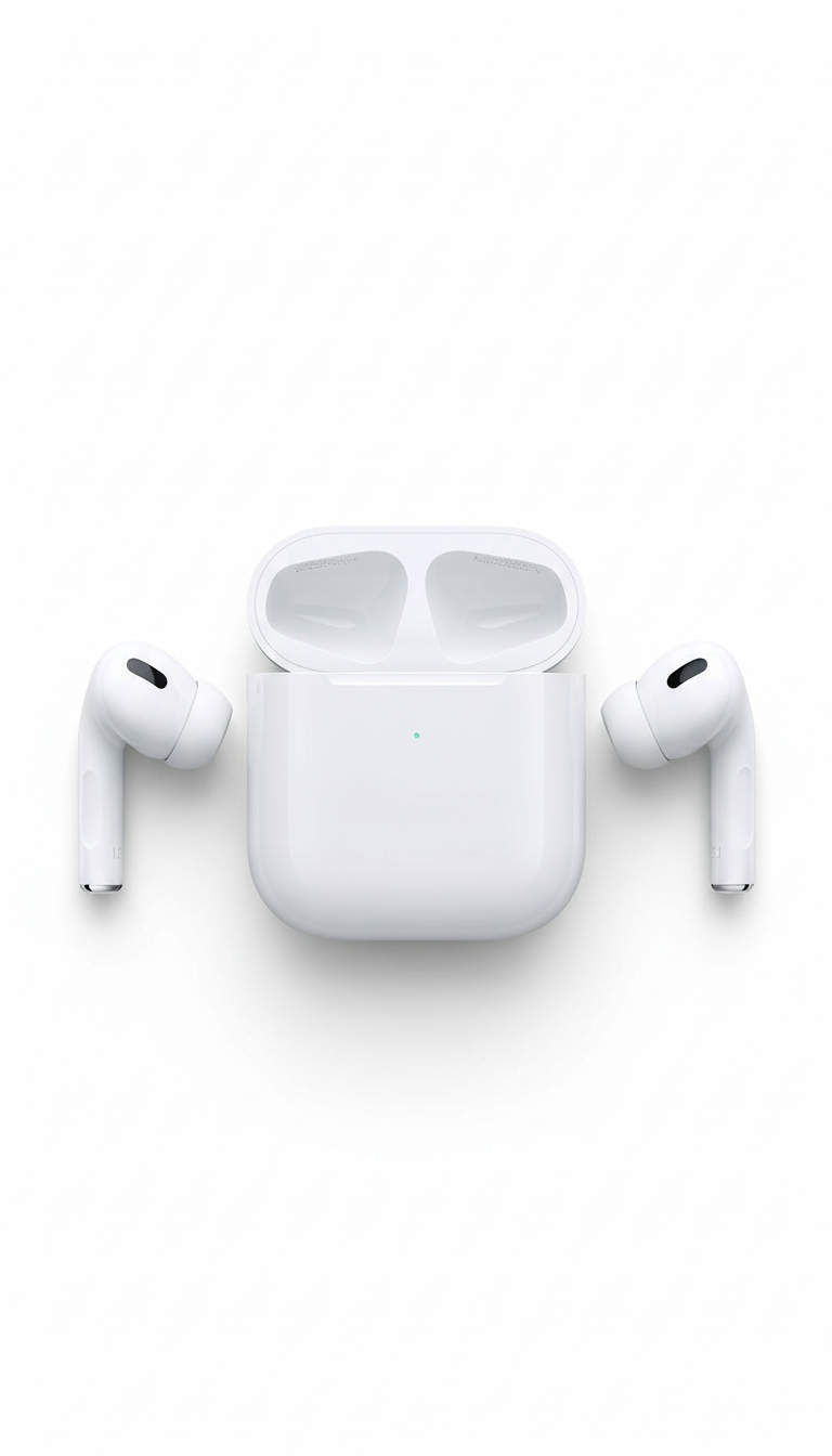 A pair of Example product white wireless earbuds with black accents sit on either side of an open charging case, all displayed against a plain white background.